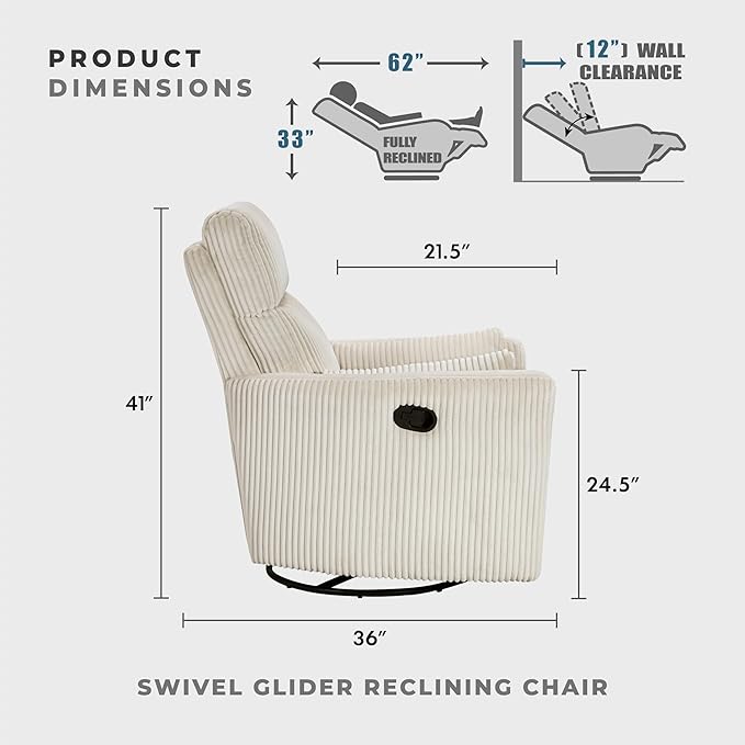 Lexicon Modern Swivel Glider Recliner Chair Nursery Glider Corduroy Fabric Upholstery Recliner with 2 Lumbar Pillows Manual Reclining Sofa Chair for Living Room/Office/Apartment Beige