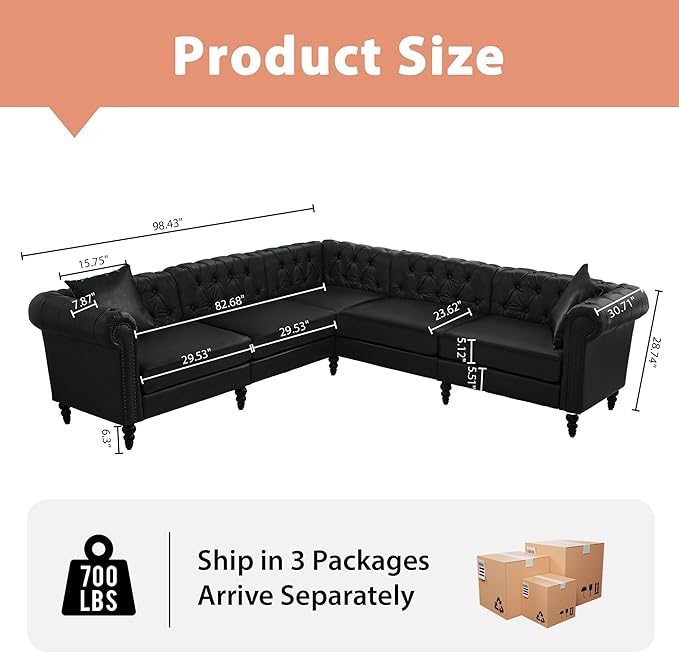 AVZEAR Chesterfield Modular Sectional Sofa Comfy Leather PU Couch Sectional with 2 Pillows Modern Upholstered Couches Living Room Furniture Sets for Living Room Bedroom and Apartment Black