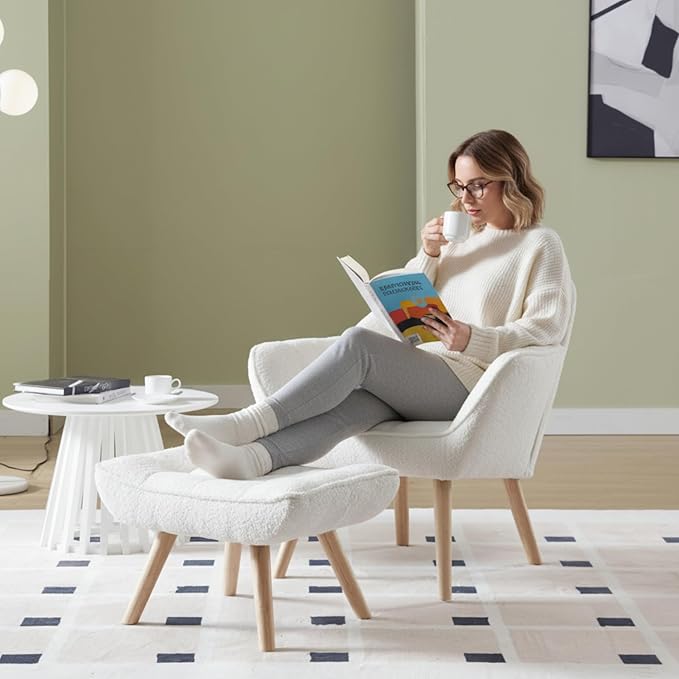 Small Accent Chair with Ottoman Sherpa Upholstered Lounge Chair with Footrest Comfy Reading Armchair with Wood Legs for Living Room Bedroom White