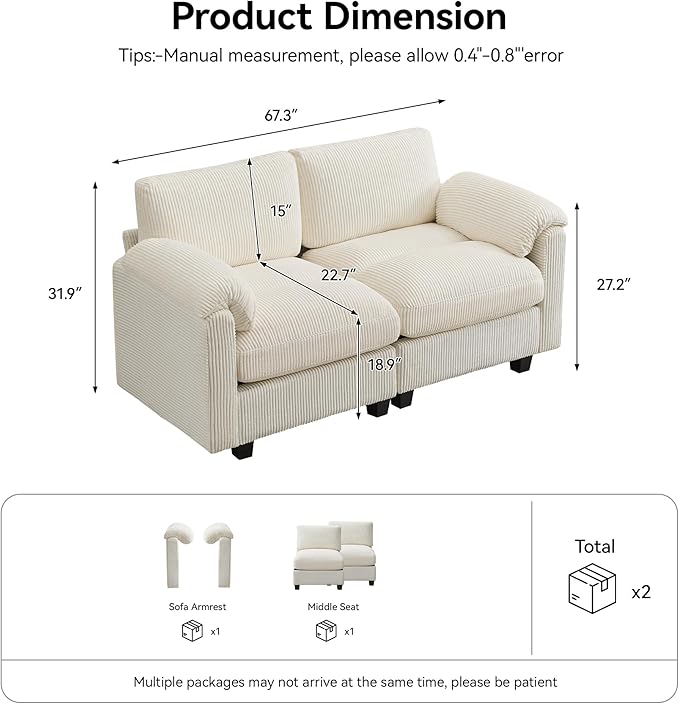 67'' Modular Loveseat Sofa Extra Deep Seat Cloud Couch for Living Room Corduroy Deep Seat Sofa with Armrest Pillows Center Stitched Beige