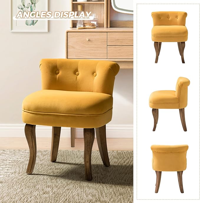 HULALA HOME Velvet Vanity Chairs with Low Back Modern Vanity Stool with Solid Wood Legs Small Upholstered Makeup Chair for Bedroom Living Room Dressing Women Girls Set of 2 Mustard