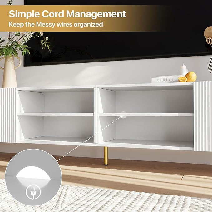 Modern 86in TV Stand for Living Room Fluted Design Entertainment Center with Adjustable ShelvesMedia TV Console Table with Storage for BedroomWhite