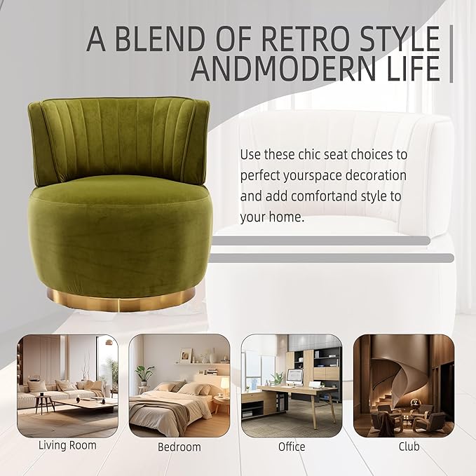 360° Swivel Barrel Accent Chair Olive Round Club Arm Chair with Metal Base Modern Single Sofa Seating Velvet Reading Seat in for Living Room Bedroom Office (Olive)