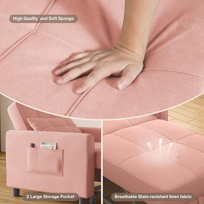 Aiho Convertible Sleeper Chair with Pillow &amp Pocket 3-in-1 Sofa Bed in Modern Linen Fabric for Apartment Pink