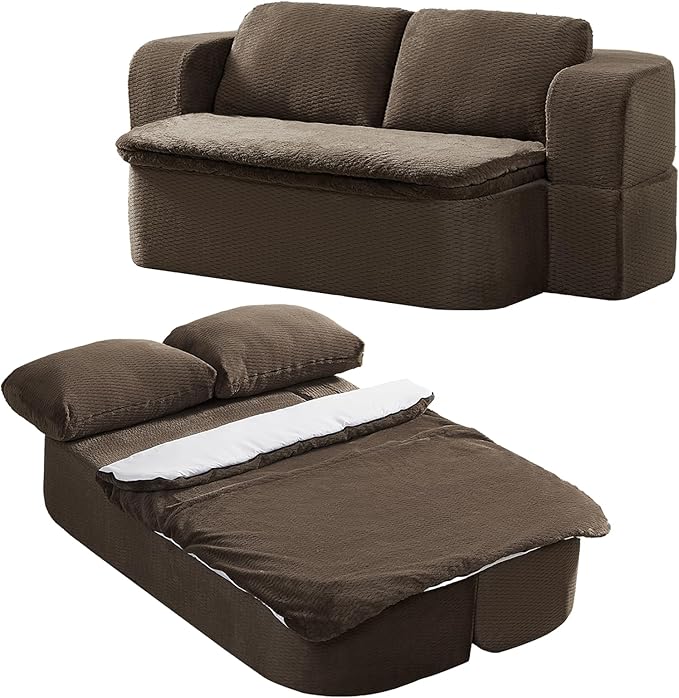 74.8 Inch Convertible Sleeper Sofa Bed Compressed Loveseat Sofa Folding Floor Mattress with Pillows and Blanket Small Couches for Living Room Bedroom Lounge No Assembly Required (Dark Brown)