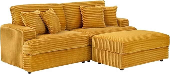 82 Inches Corduroy Square Arms Loveseat Sofa with One Storage Ottoman Comfy Deep Seat Modular Sectional Futon Couch with 4 Throw Pillows for Living Room Bedroom Office (Orange)
