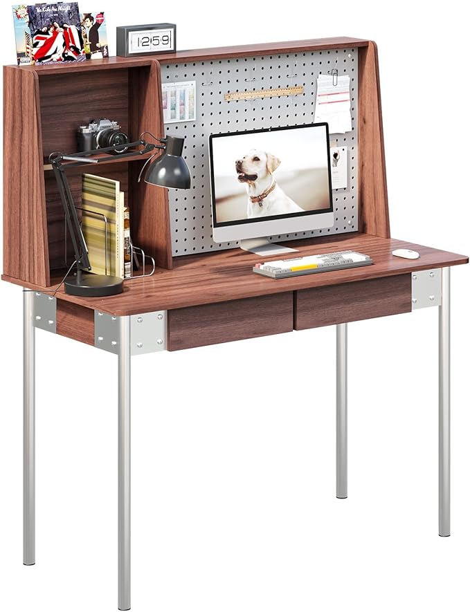 JOMEED 47 inch Desk with Hutch and Drawers Office Desk with Bookshelf and 3 Drawers File Cabinet Set Writing Desk with Pegboard for Home Office Walnut