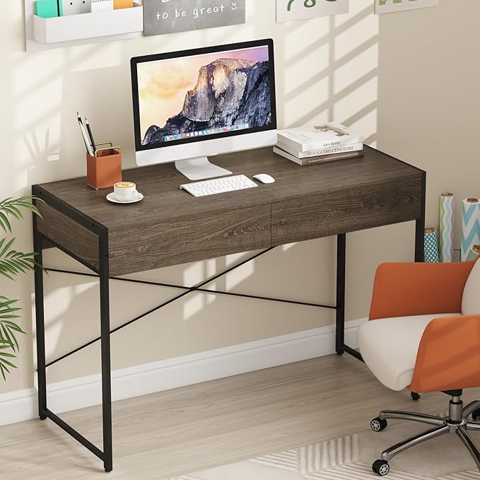 Tangkula Computer Desk with 2 Drawers 44 Inch Home Office Desk with Metal Frame &amp Anti-Toppling Device Modern Writing Desk Study Desk Compact Laptop PC Desk for Small Space (Grey)