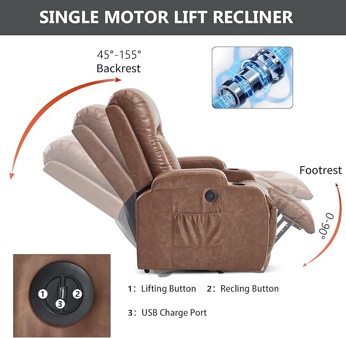 Power Lift Recliner Chair for Elderly with Infinite Position 350 LBS Capacity 8-Point Massage &amp Heating - Comfy Heavy Duty Motion Recliners Chairs for Living Room Small SpacesBrown