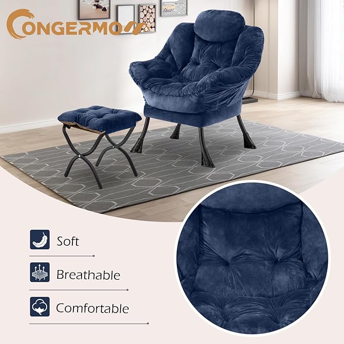 Lazy Chair with Folding OttomanLeisure Sofa ChairSoft Fabric Armchair with Armrests and Side Pockets Reading Chair with Footrest for Living Room Bedroom Office (Plush Navy)