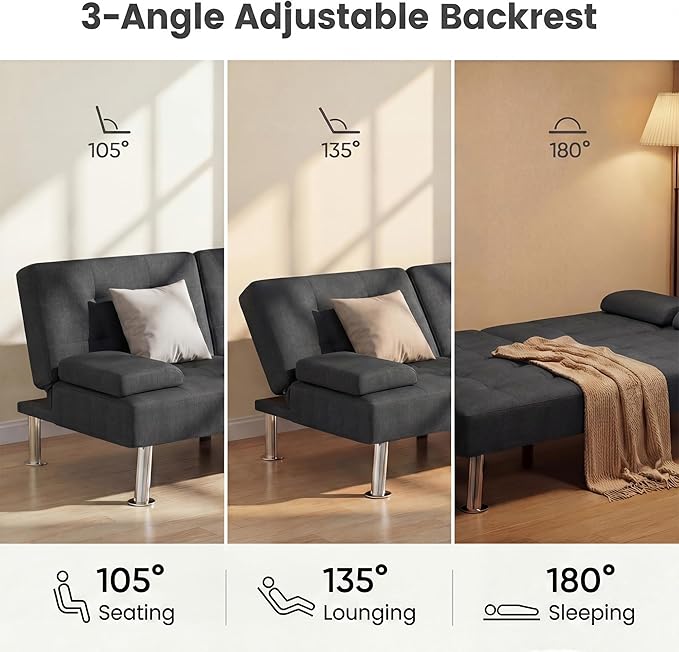 YESHOMY Modern Futon Sofa Bed Convertible Futon Couch with Adjustable Backrest Futon Loveseat Sleeper Sofa Bed with Armrest for Living Room Small SpacesLinen Fabric Classic Black