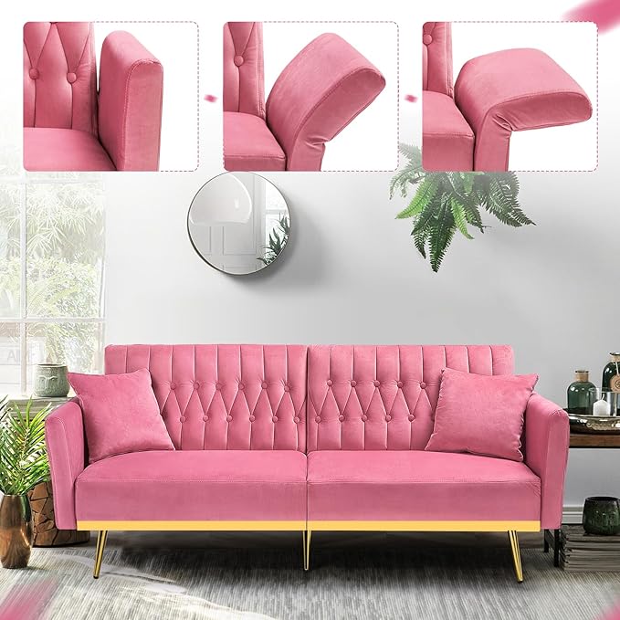 70” Velvet Futon Sofa Bed with 2 Pillows and Adjustable Armrests Convertible Sleeper Bed Modern Loveseat for Living Room Bedroom Pink