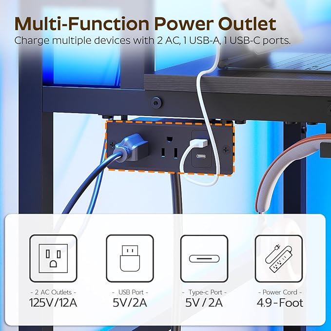 47.2 Computer Desk with Charging Station and LED Lights Gaming Desk with Monitor Stand 2-Tier Home Office Desk with 4 Side Hooks for Living Room Home Office Black DN12UDBB