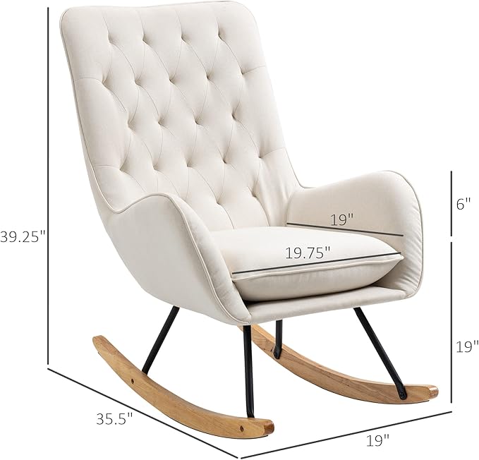 HOMCOM Mid-Century Fabric Rocking Chair Sofa Armchair Tufted Rocker Wingback Accent Chair with Padded Seat Rubber Wood Base for Home Studio Bedroom Living Room Cream White
