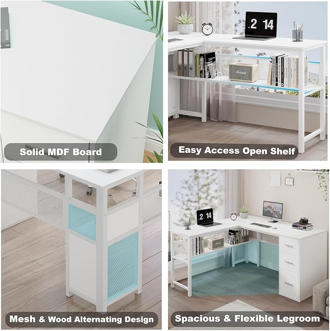LVB White L Shaped Corner Desk with Drawers Reversible Modern L-Shaped Computer Desk with Storage Cabinet Shelves Large Wood Metal L Shape Home Office Desk for Work Study Writing Gaming 59 Inch