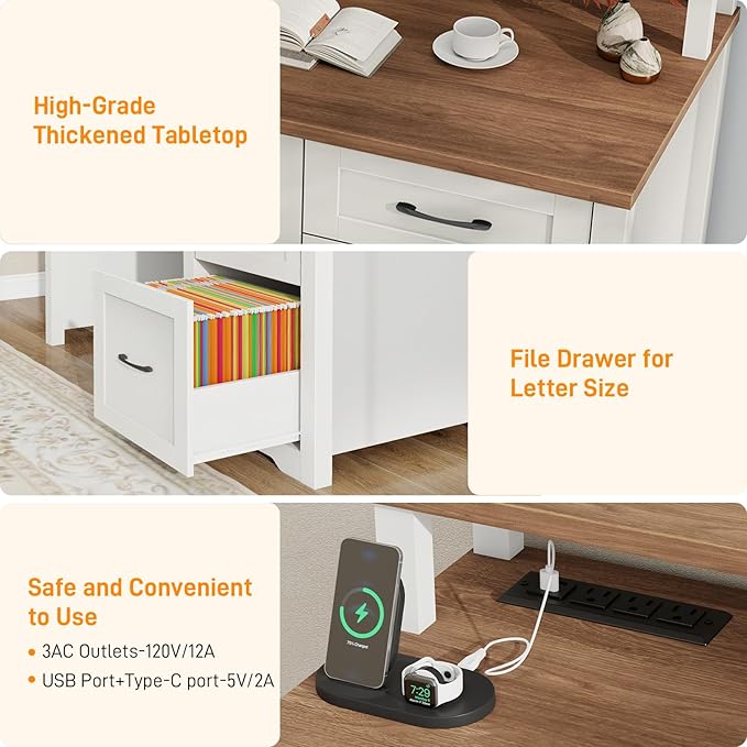 Vabches 47 Farmhouse Executive Desk with Monitor Stand &amp File Cabinet3 Drawers Computer Desk with LED Lights and Power OutletsWorkstation for Home Office StudyWriting.（Unique White）