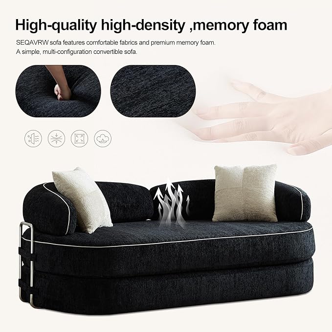Convertible Sofa Bed with Fixed-Shape Frame 4-in-1 Combination Folding Pull Out Couch Futon Couch in a Box Modular Floor Sleeper Sofa Bed for Living Room Bedroom (2 Pillows Black) ﻿