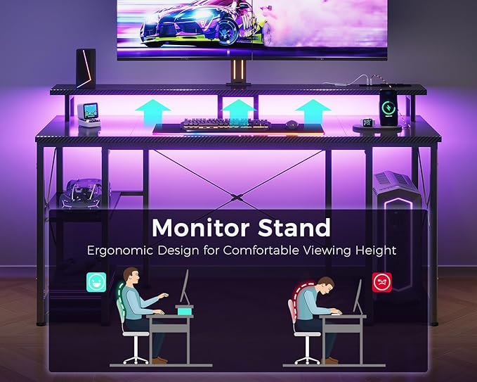 ODK 55 Inches Gaming Desk with LED Lights Computer Desk with Monitor Stand Pc Table with CPU Stand Carbon Fiber Black