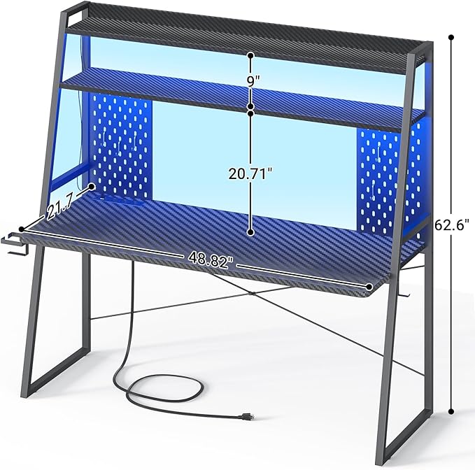 Gaming Desk with Hutch and LED Lights Gaming Computer Desk with Power Outlets Gamer Desk with Storage Shelves PC Game Desks with Pegboards for Bedroom Carbon Fiber Black 49