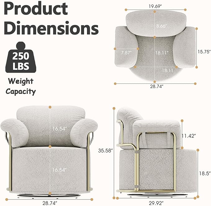 Swivel Accent Chairs for Living Room 360 Swivel Barrel Chair with Arm for Bedroom Upholstered Round Chair &amp Corner Chairs with Gold Frame for Small Spaces Chenille (Beige)