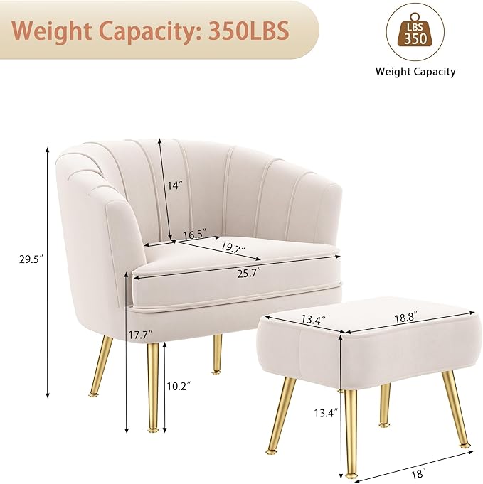 Andeworld Velvet Accent Chair with Ottoman Upholstered Modern Single Sofa Side ChairComfy Barrel Club Living Room Armchair with Golden Metal Legs for Bedroom Living Reading Room Office Beige