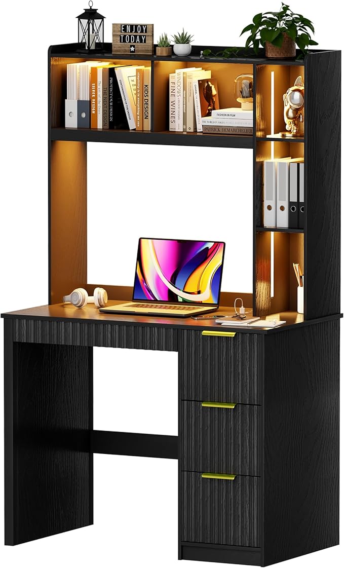 Home Office Desk with Hutch &amp LED Lights - 39 Computer Desk with Charging Station 3 Large Drawers Hidden Compartment &amp Fluted Panel DesignBlack Writing Desk for Bedroom Study