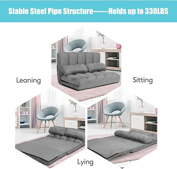 DORTALA Foldable Floor Sofa 6-Position Adjustable Lounge Couch with 2 Pillows &amp Suede Cloth Cover Modern Lounge Mattress Video Gaming Lazy Couch Floor Seating Sofa 71 x 44.5 Grey