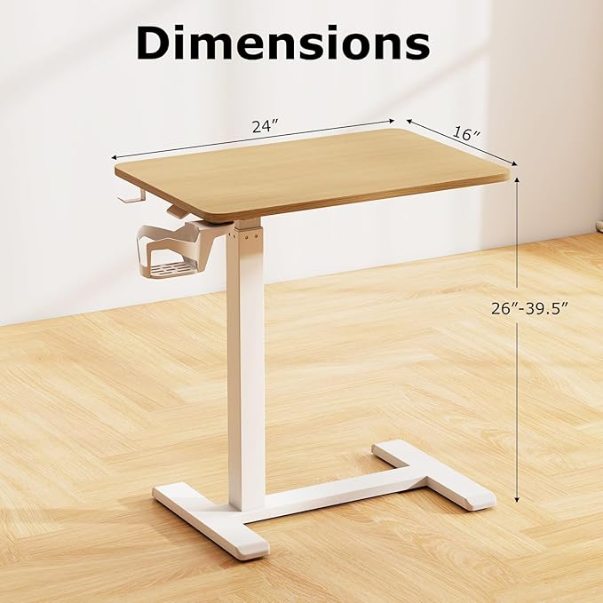 Tangkula Mobile Standing Desk Pneumatic Height Adjustable Rolling Desk with Cup Holder &amp Headphone Hook Overbed Table with Hidden Wheels Laptop Computer Cart for Couch Home Office (Natural)