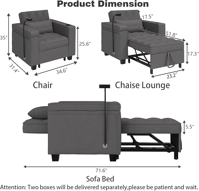 3-in-1 Convertible Chair Bed Sleeper with Phone Holder Pull Out Sofa Bed with USB &amp Type C Port and Wireless Charging Reading Chair with Adjustable Backrest for Living Room