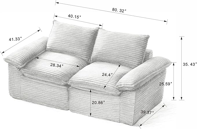 80-Inch Boneless Love Seat Couches in a Box Modern 2 Seat Floor Modular Foam Cloud Sofa Corduroy Loveseat Couch W/Pillow-top Armrests for Home Apartments Bedroom