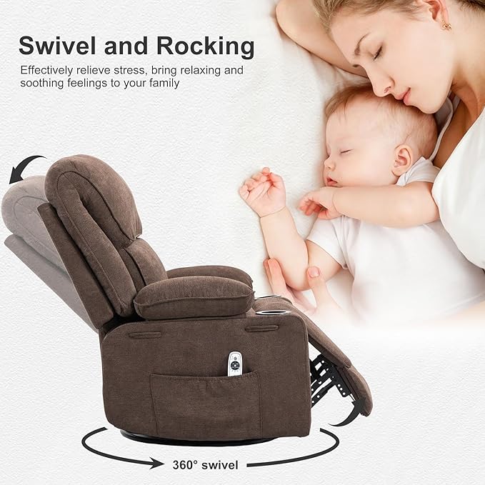 Rocker Recliner Chair with Massage and Heated 360°Swivel Rocking Manual Recliner Chairs with Cup Holders Remote Control for Living Room (Brown)