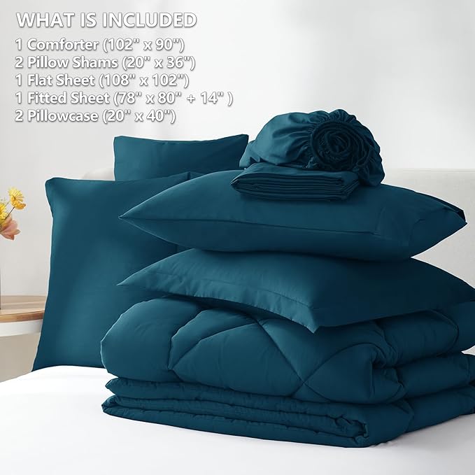 CozyLux King Size Comforter Set Lyons Blue - 7 Pieces Bed in a Bag King Luxury Soft Bed Set for All Seasons Bedding Set with Down Alternative Comforter Sheets Pillowcases &amp Shams