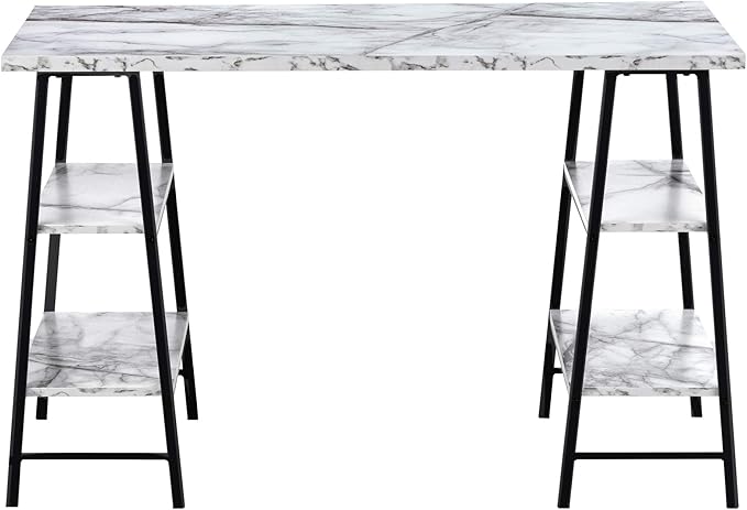 Computer Desk Home Office Laptop Storage Shelves 48 l Work White Marble Look Laminate Black Metal Contemporary Modern UJ769