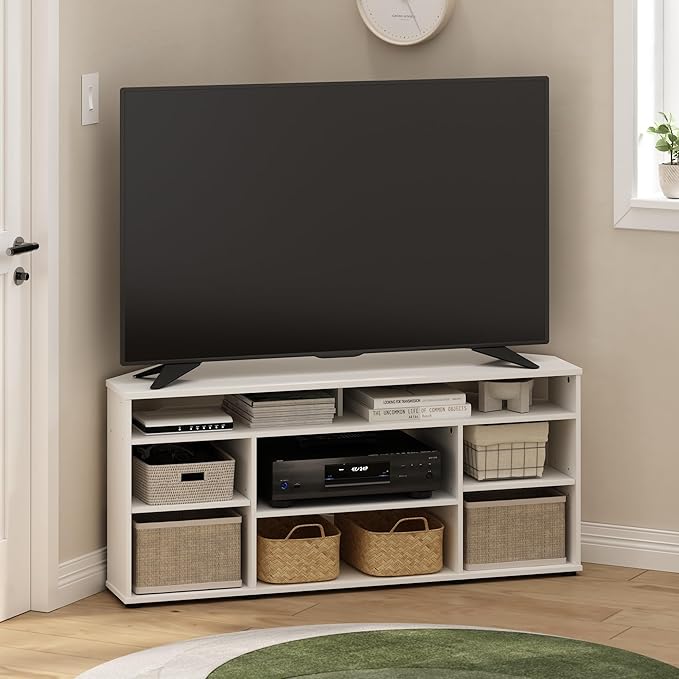 Furinno BESI TV Stand No Tools Assembly Industrial Style Entertainment Center TV Console for TV up to 46 Inch for Living Room Bedroom White