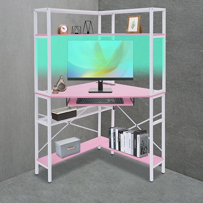 Corner Small Desk for Small Space 29.5”*29.5”*60” Corner Computer Desk with USB Ports Triangle Gaming Desk with with RGB LED Lighting for Home Office Living Room Bedroom (Pink)