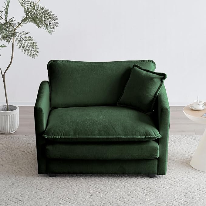 KIVENJAJA Chenille Single Sofa Chair 41.4”W Oversized Accent Chairs Modern Upholstered Deep Seat Comfy Armchair with Pillow for Living Room Bedroom Office Apartment Green