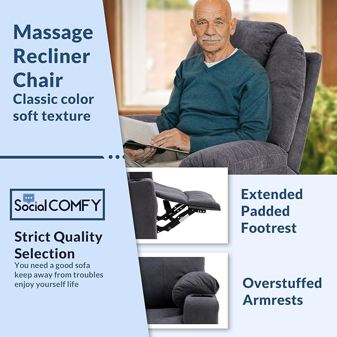 Manual Swivel Rocker Recliner Chair with Heated Massage Ergonomic Lounge 360° Glider Rocking Fabric Lounge Chair Sofa Seat with 2 Cup Holders Side Pockets &amp USB Ports for Living Room Grey