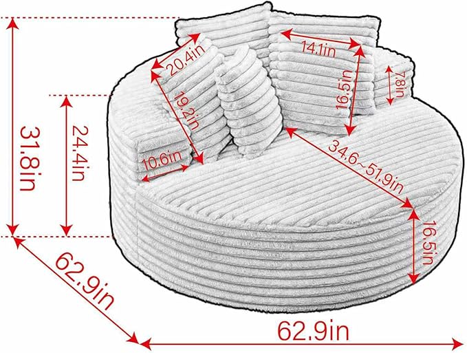 Oversized Upholstered Chaise Lounge Chair Indoor Corduroy Deep Seat Accent Chair Plush Boneless Barrel Sofa Chair for Living Room Bedroom Apartment (Gray 62.9 Inch)