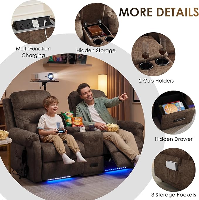 SAMERY Loveseat Recliner Sofa Power Lift Recliner for Elderly with Massage and Heat Electric Reclining Loveseat Sofa Couch with Console Cup Holder Outlets USB Drawer (Brown Lift Loveseat) | Eas