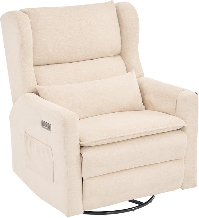 Oversized Swivel Rocker Recliner with Adjustable Headrest 26 Extra Wide Glider Recliner Nursery Chair with Double Cushion Chenille Glider Rocking Chair for Living RoomCup HolderBeige