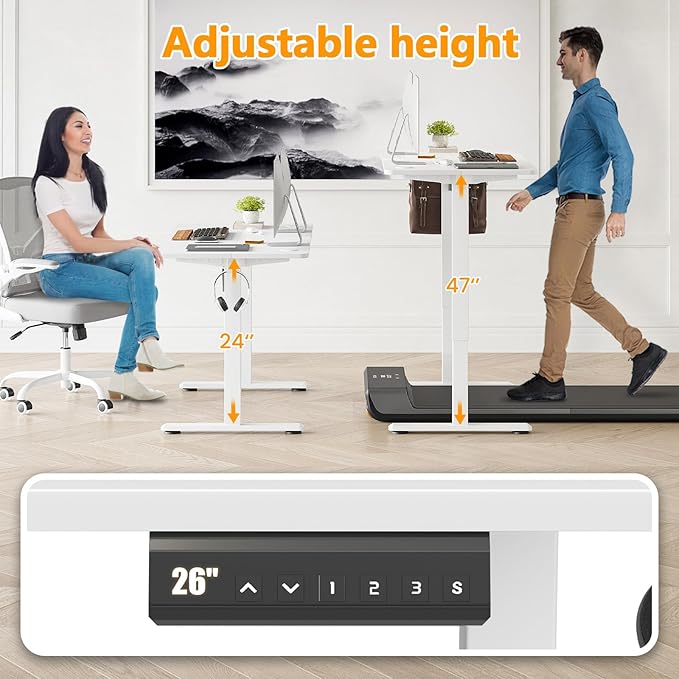 48x24 Inches Electric Standing Desk Adjustable Height Wooden Sit Stand Desk Electric Capacity 300lbs Sit to Stand up Standing Computer Desk with Hooks for Home Office (White 48x24 Inches)