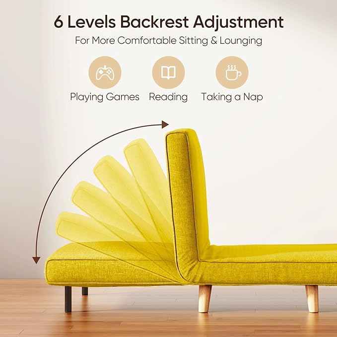 Ahomly 3 in 1 Sleeper Chair Bed Chair Bed Sleeper for Adults with 6 Angle Adjustable Backrest Convertible Single Futon for Living Room/Apartment/Office Yellow