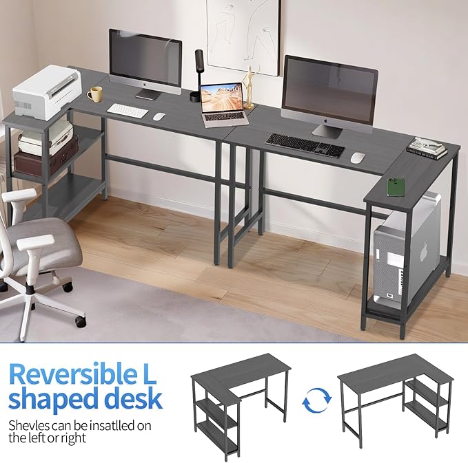 43Inch Corner Computer Desk Gaming Desk with Reversible Storage Shelves Left/RightSmall L Shaped Desk with 2-Tier Shelves &amp Adjustable Feet Pad for Home Office Gaming (43 Inch)