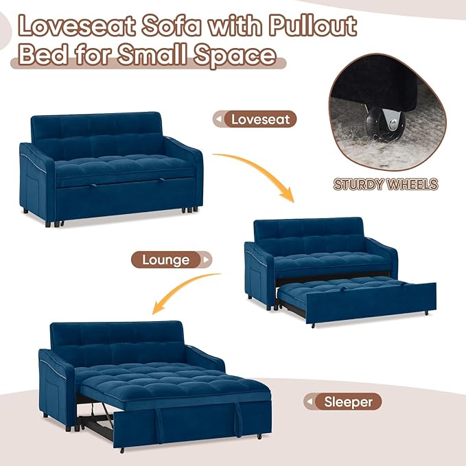 Antetek 3 in 1 Sleeper Sofa Couch Bed with USB &amp Type C Port 52 Small Modern Convertible Tufted Velvet Loveseat Sofa w/Pull Out Bed for Living Room Small Space Apartment Blue