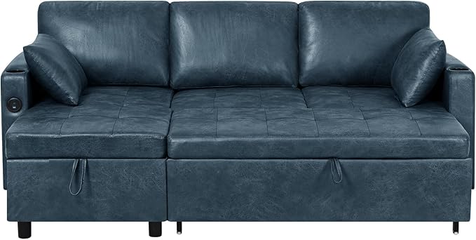 84 L-Shape Pull Out Sofa Bed with Adjustable Backrest Upholstered Sectional Sleeper Sofa with Storage Chaise Suede Leather Reversible Couch Bed with USB Port for Living Room House Blue