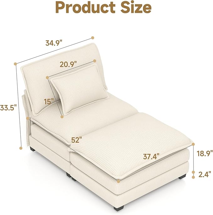 Real Relax 34.9'' Modular Sectional Sofa Single Seat Without Armrest Corduroy Convertible Couch with Movable Ottoman 2 Pillows for Living Room Office and Leisure Places Beige