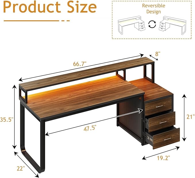 HOMBCK 67 Computer Desk with 3 Drawers Home Office Desk with Long Monitor Stand and Printer Space Office Desk with Storage &amp LED Lights Writing Desk with Drawers Black and Walnut