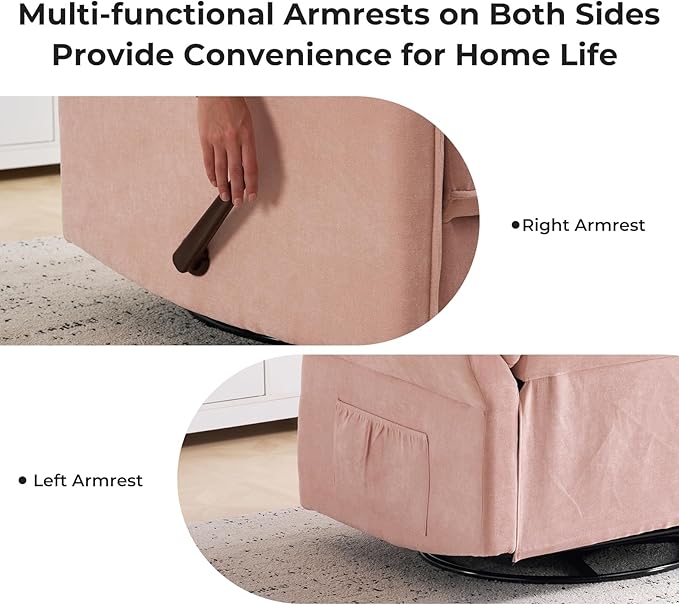 Oversized Recliner Chair 26 Extra Wide 360° Swivel Rocker Recliner with Adjustable Headrest Chenille Glider Rocking Nursery Chair with Overstuffed Armrest Lumbar Support Pink