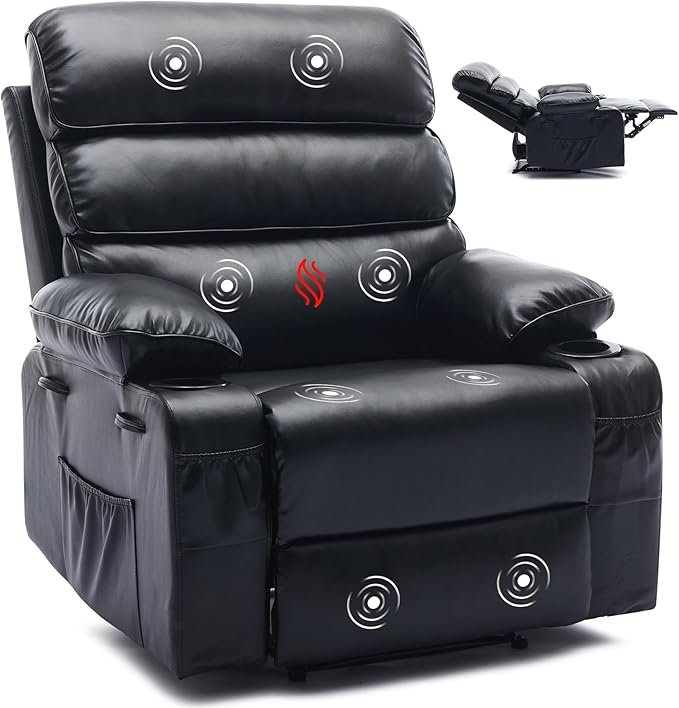 PU Leather Extra Wide Manual Recliner for Adults with Massage and Heat Large Lazy Chair with 1.5X Sponge Comfort Arm and Back for Living Room Bedroom