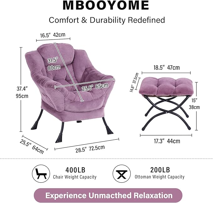 Lazy Chair with Ottoman Modern Accent Lounge Armchair with Side Pocket &amp Foldable Footstool Leisure Reading Chair for Living Room Bedroom Dorm &amp Office Plush Purple